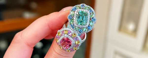 Colorful gemstone rings with emerald and pink tourmaline