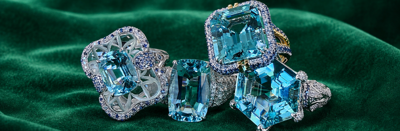 Torvion aquamarine rings with blue sapphire accents