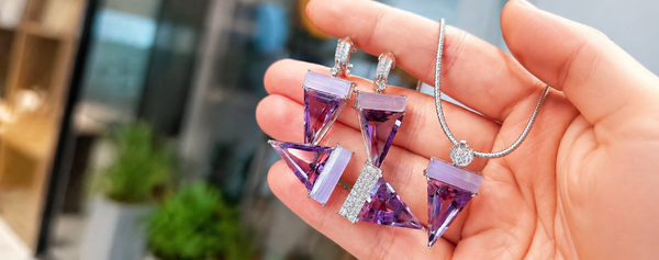 Geometric amethyst earrings and pendant necklace set